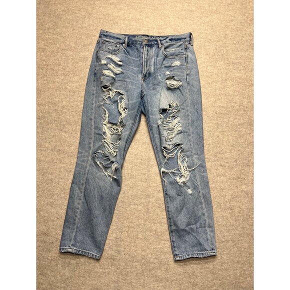 American Eagle Outfitters Hi-Rise Girlfriend Distressed Thrashed Jeans 10 Short - Picture 1 of 12